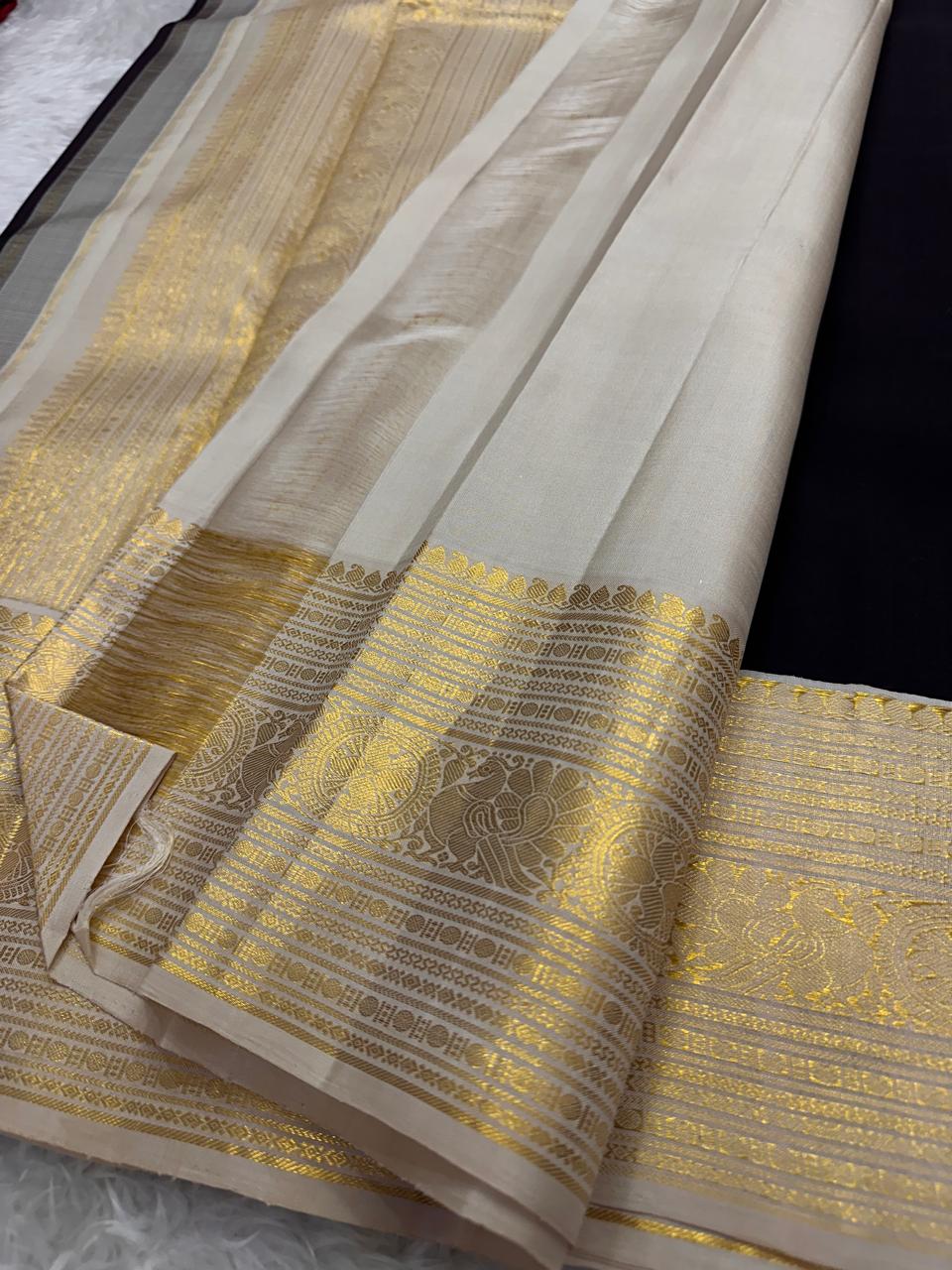 Royal Purple Kanchipuram Silk Saree with Off White Contrast Border